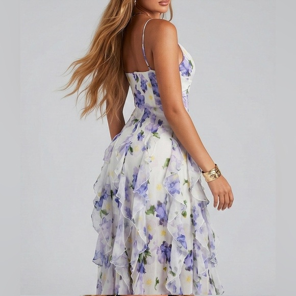 Floral V-Neck Tiered Ruffle Gown Maxi Dress | Purple & White - Picture 5 of 9